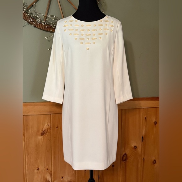 Ann Taylor Women Size 2 Ivory Jewel Neck 3/4 Sleeve Sheath Dress - Picture 1 of 16